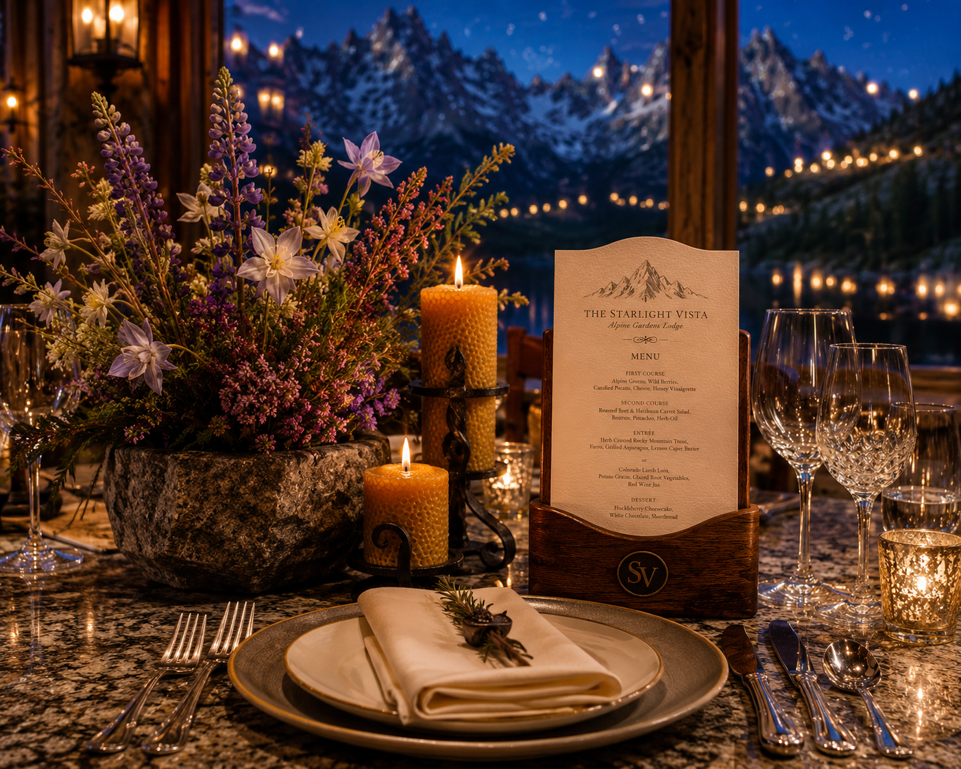 Elegant alpine reception table detail with candles, flowers, glassware, and warm mountain lighting.