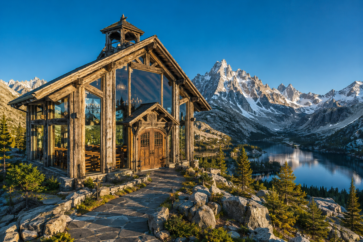 Exterior view of The Starlight Vista Chapel and Alpine Gardens above the mountain lake.