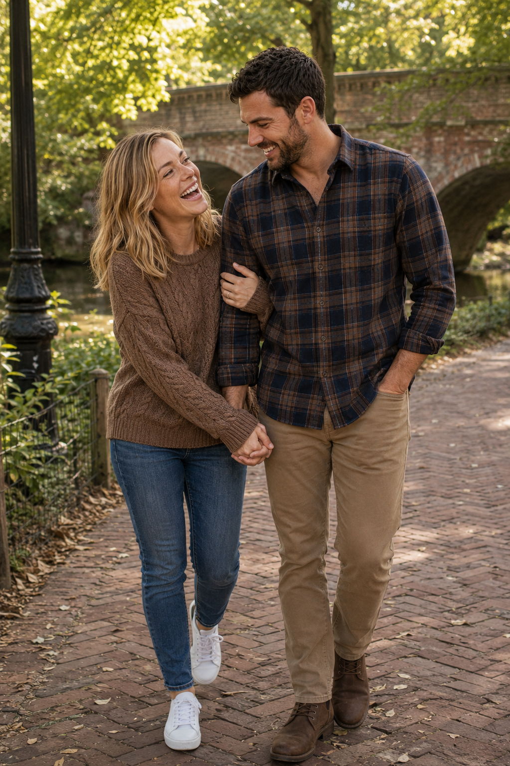 Vivienne and Nathaniel walking hand-in-hand and laughing outdoors.