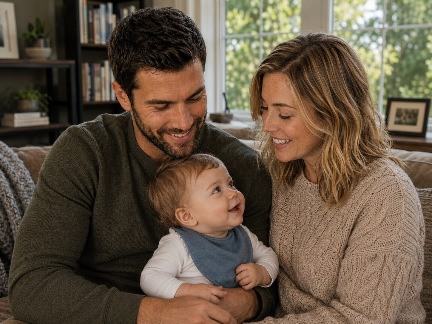 Vivienne and Nathaniel sitting together with their son in a cozy family portrait.