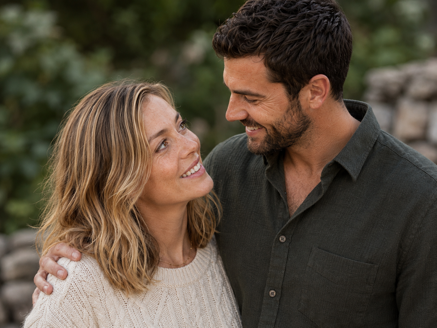 Vivienne and Nathaniel leaning close together in a warm outdoor portrait.